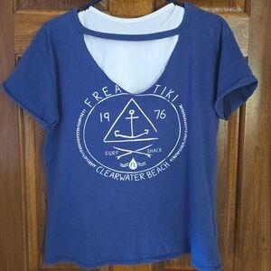 Freaky Tiki Tee Surf Shack w/cut out neckline|Blue/Gray|Medium| Clearwater Beach